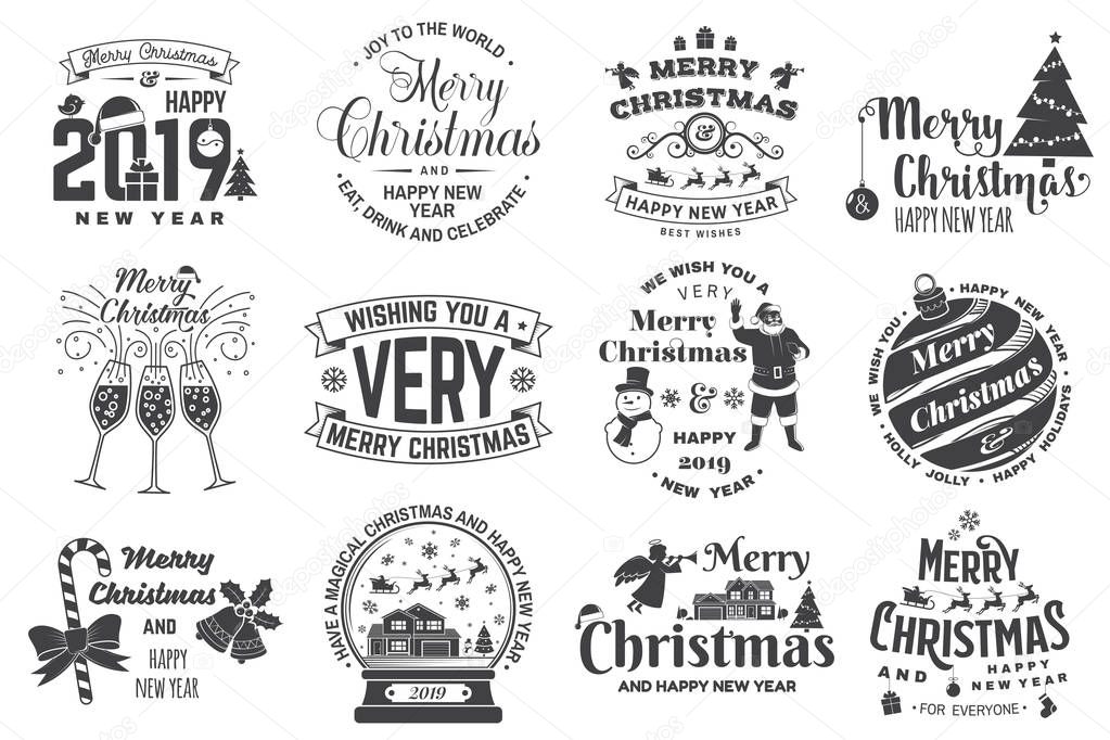 Set of Merry Christmas and 2019 Happy New Year stamp, sticker Set quotes with snowflakes, snowman, santa claus, candy, sweet candy, cookies. Vector. Vintage typography design for xmas, new year emblem