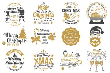 Mutlu Noeller ve mutlu yıllar damgası, kar taneleri, asılı noel balosu, Noel Baba şapkası, şeker....