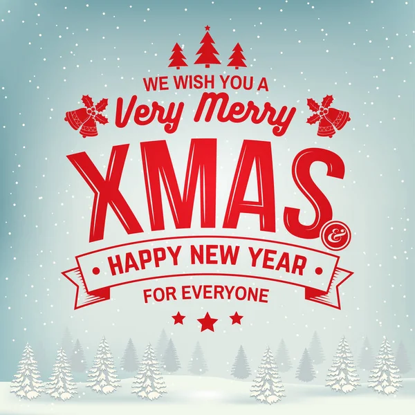 Le deseamos una muy Feliz Navidad y Feliz Año Nuevo sello, etiqueta engastada con acebo, baya, árbol de Navidad, campana . — Vector de stock