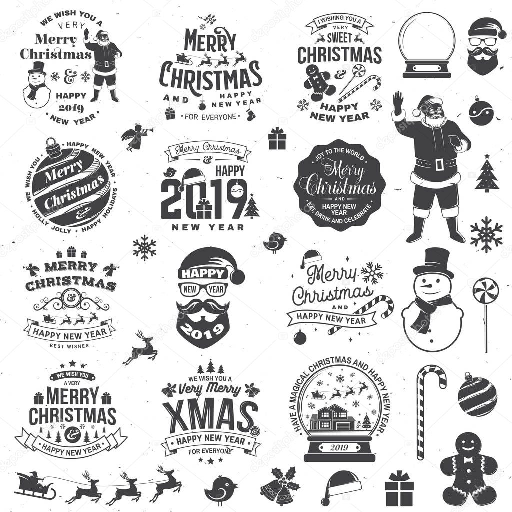 Set of Merry Christmas and 2019 Happy New Year stamp, sticker Set quotes with snowflakes, snowman, santa claus, candy, sweet candy, cookies. Vector. Vintage typography design for xmas, new year emblem