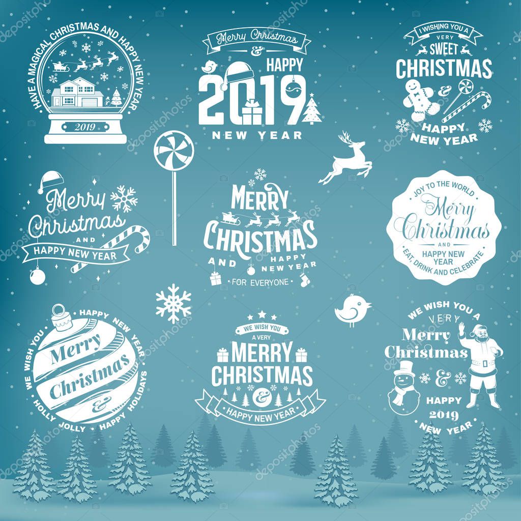 Set of Merry Christmas and 2019 Happy New Year stamp, sticker Set quotes with snowflakes, snowman, santa claus, candy, sweet candy, cookies. Vector. Vintage typography design for xmas, new year emblem