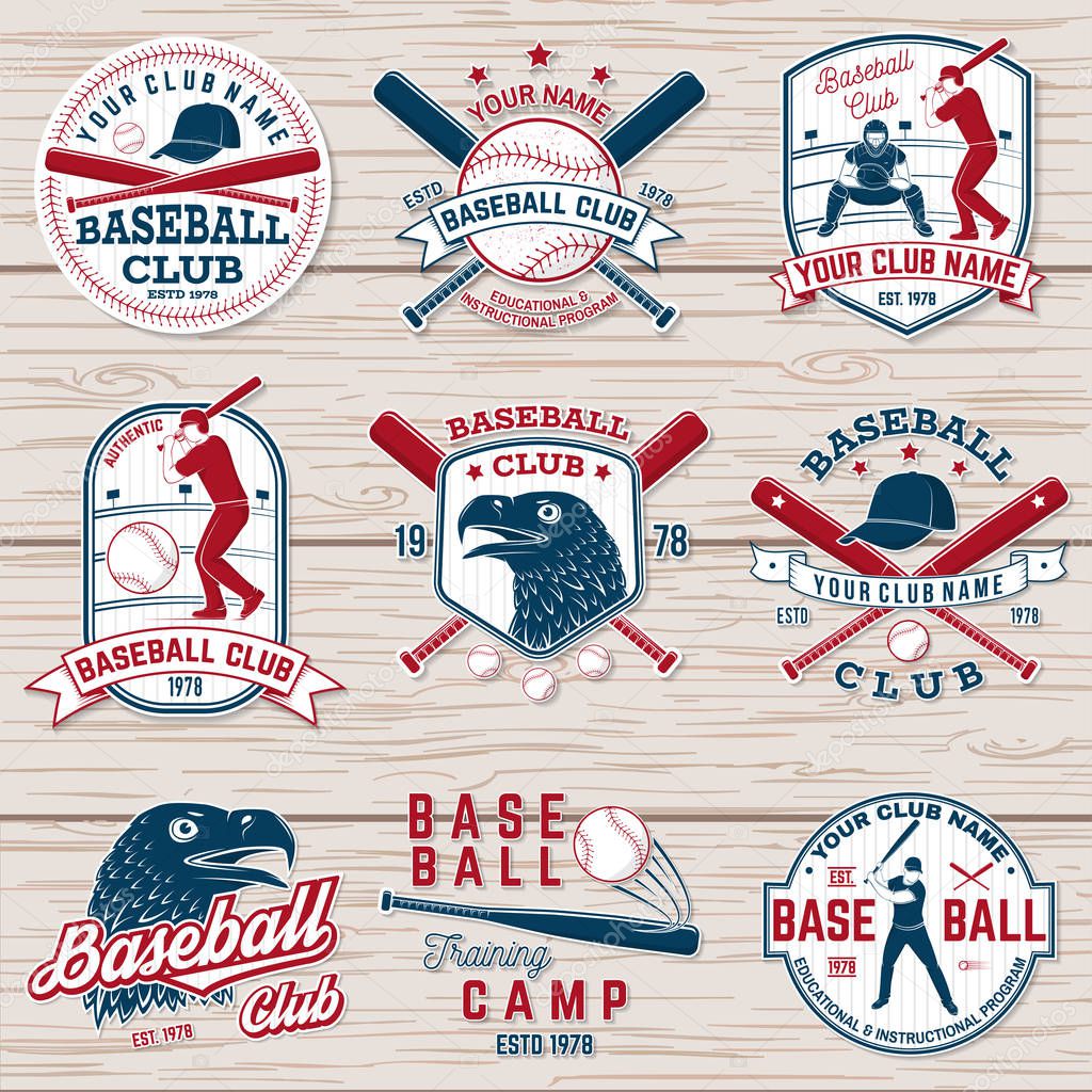Set of baseball or softball club badge. Vector. Concept for shirt or logo, print, stamp or tee. Vintage typography design with baseball bats, batter hitting ball and ball for baseball silhouette.