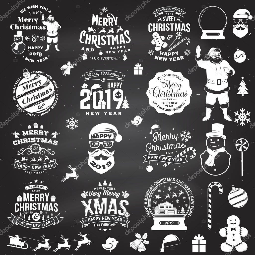 Set of Merry Christmas and 2019 Happy New Year stamp, sticker Set quotes with snowflakes, snowman, santa claus, candy, sweet candy, cookies. Vector. Vintage typography design for xmas, new year emblem