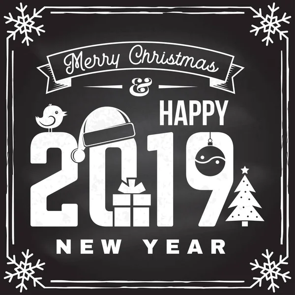 Joyeux Noël et 2019 Bonne année timbre, autocollant serti de flocons de neige, pendaison boule de Noël, chapeau de Père Noël, bonbons . — Image vectorielle