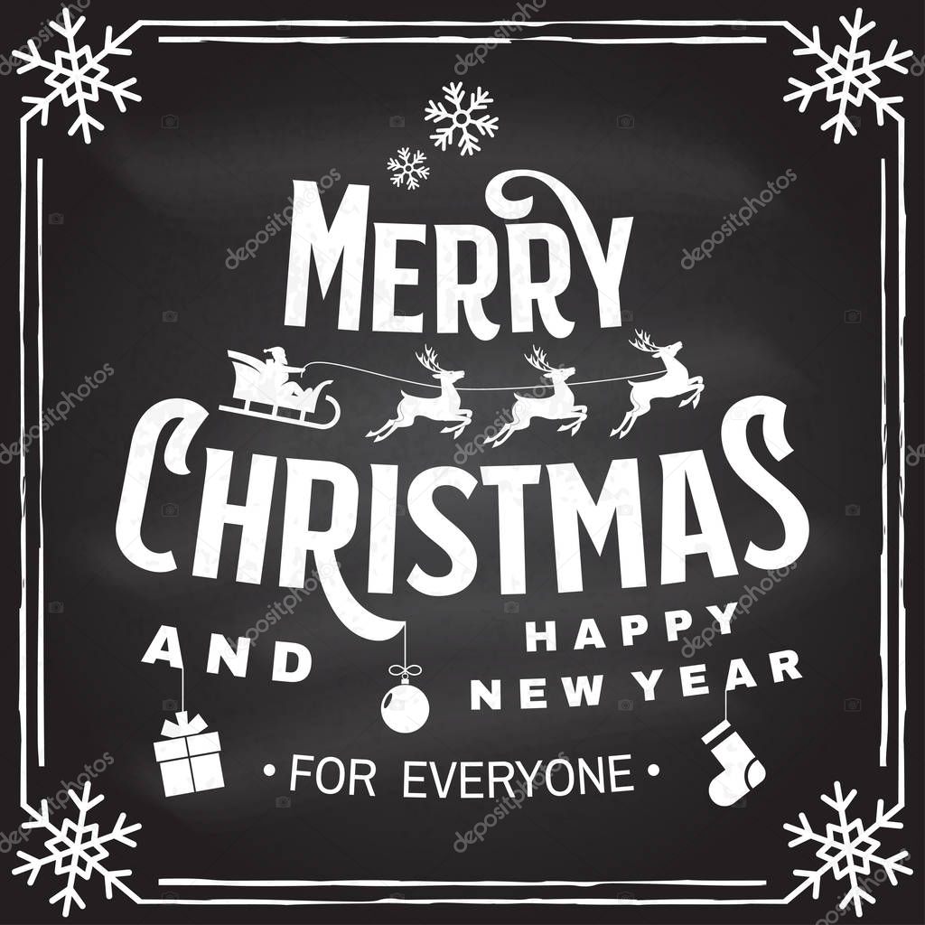 Merry Christmas and 2019 Happy New Year stamp, sticker set with angels, santa claus in sleigh with deer and christmas gifts. Vector. Vintage typography design for xmas, new year emblem in retro style