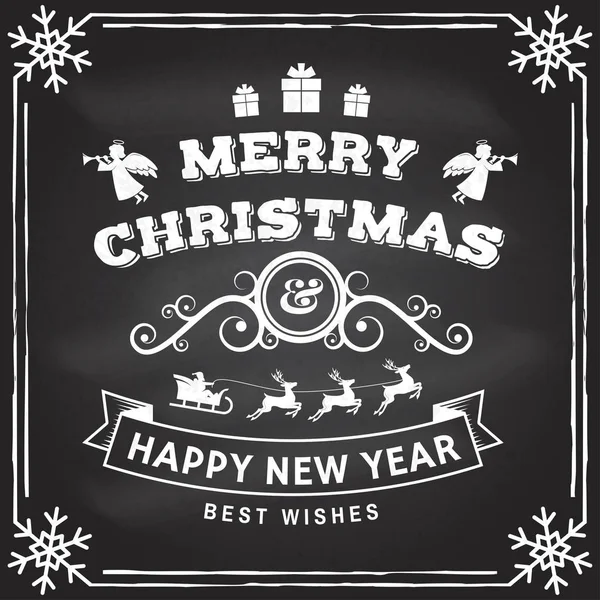 Joyeux Noël et bonne année timbre, autocollant serti d'anges, Père Noël claus en traîneau avec cerf et cadeaux de Noël. — Image vectorielle