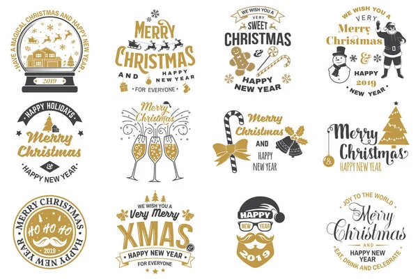 Conjunto de Feliz Natal e Feliz Ano Novo selo, conjunto de adesivos com flocos de neve, pendurado bola de Natal, chapéu de Papai Noel, doces. — Vetor de Stock
