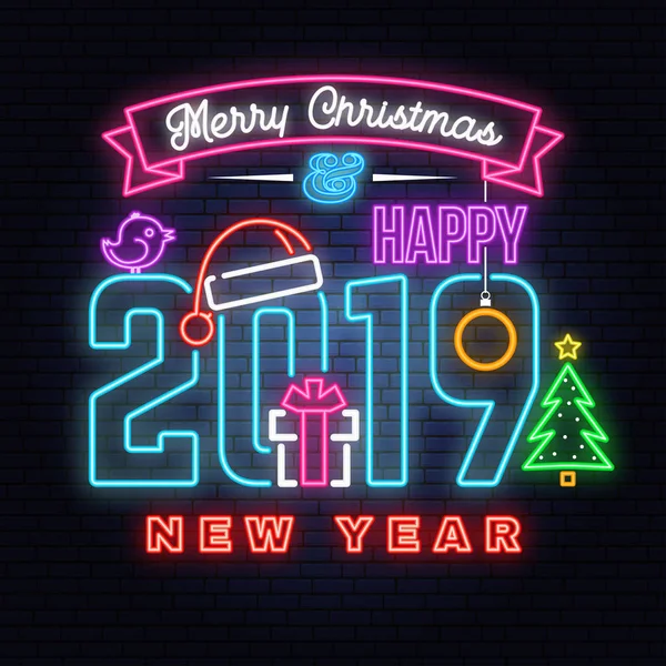 メリー クリスマスと 2019 新年あけましておめでとうございますのネオンサイン雪の結晶、クリスマス ボール、サンタ帽子、キャンディをぶら下げ. — ストックベクタ