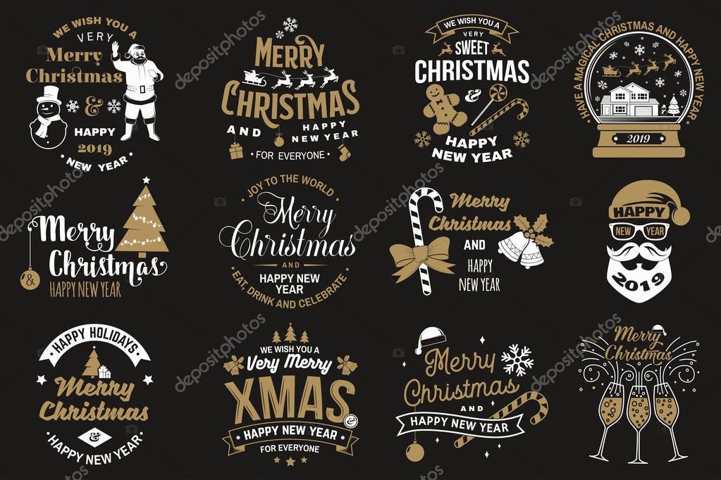Set of Merry Christmas and 2019 Happy New Year stamp, sticker Set quotes with snowflakes, snowman, santa claus, candy, sweet candy, cookies. Vector. For christmas and new year greeting cards, emblem