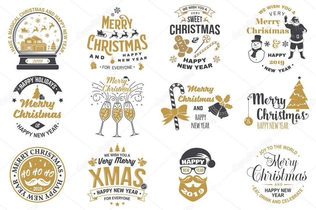 Set of Merry Christmas and 2019 Happy New Year stamp, sticker Set quotes with snowflakes, snowman, santa claus, candy, sweet candy, cookies. Vector. Vintage typography design for xmas, new year emblem