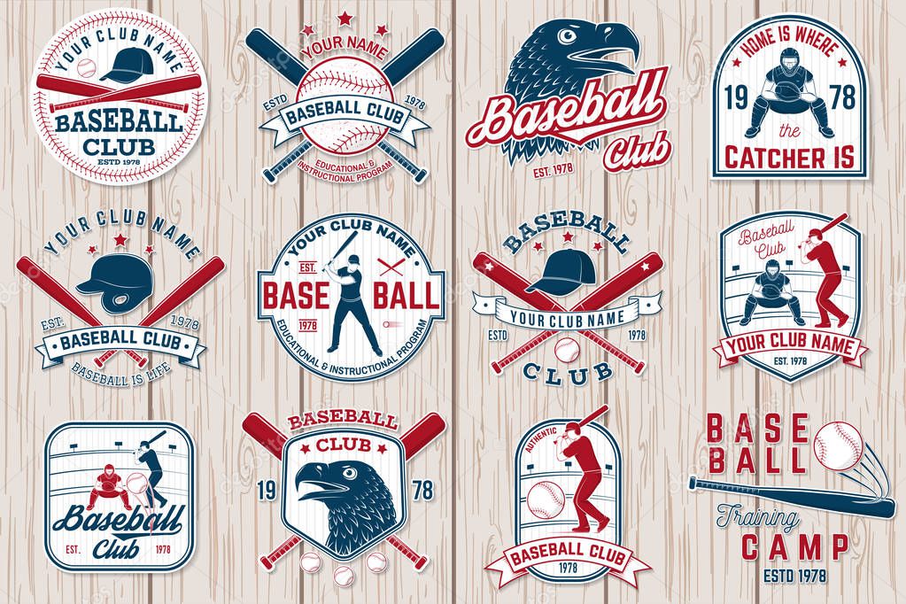 Set of baseball or softball club badge. Vector. Concept for shirt or logo, print, stamp or tee. Vintage typography design with baseball bats, batter hitting ball and ball for baseball silhouette.