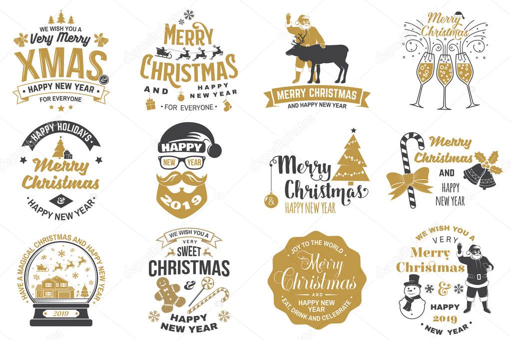 Set of Merry Christmas and 2019 Happy New Year stamp, sticker Set quotes with snowflakes, snowman, santa claus, candy, sweet candy, cookies. Vector. Vintage typography design for xmas, new year emblem