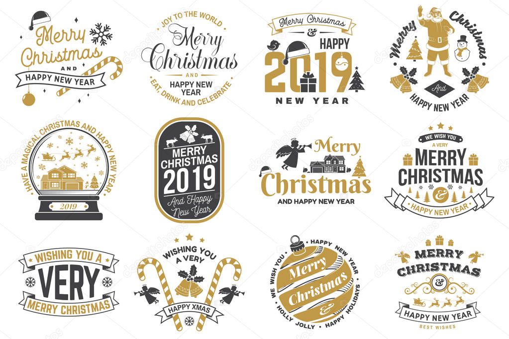 Set of Merry Christmas and 2019 Happy New Year stamp, sticker Set quotes with snowflakes, snowman, santa claus, candy, sweet candy, cookies. Vector. Vintage typography design for xmas, new year emblem