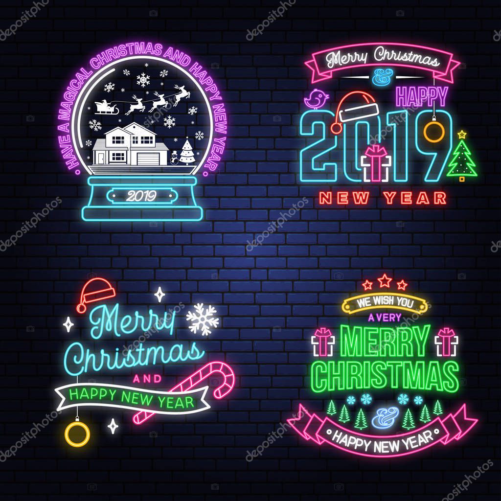 Have a Magical Christmas and Happy New Year neon sign with snowflakes, christmas snow globe. Vector. Set of neon design for xmas, new year emblem, bright signboard, light banner. Night signboard