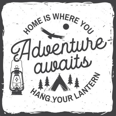 Adventure awaits. Vector illustration. Concept for badge, shirt or logo, print, stamp. Vintage typography design with campin tent, lantern, condor and forest silhouette. clipart