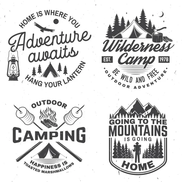 Happy camper. Vector. Concept for shirt or logo, print, stamp. Vintage design with lantern, camping tent, campfire, forest cabin, sweet marshmallows on stick, mountain and forest silhouette. — Stock Vector