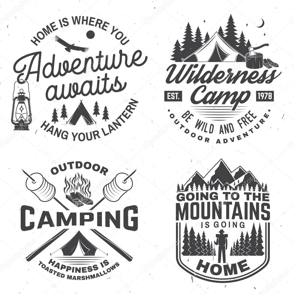 Happy camper. Vector. Concept for shirt or logo, print, stamp. Vintage design with lantern, camping tent, campfire, forest cabin, sweet marshmallows on stick, mountain and forest silhouette.