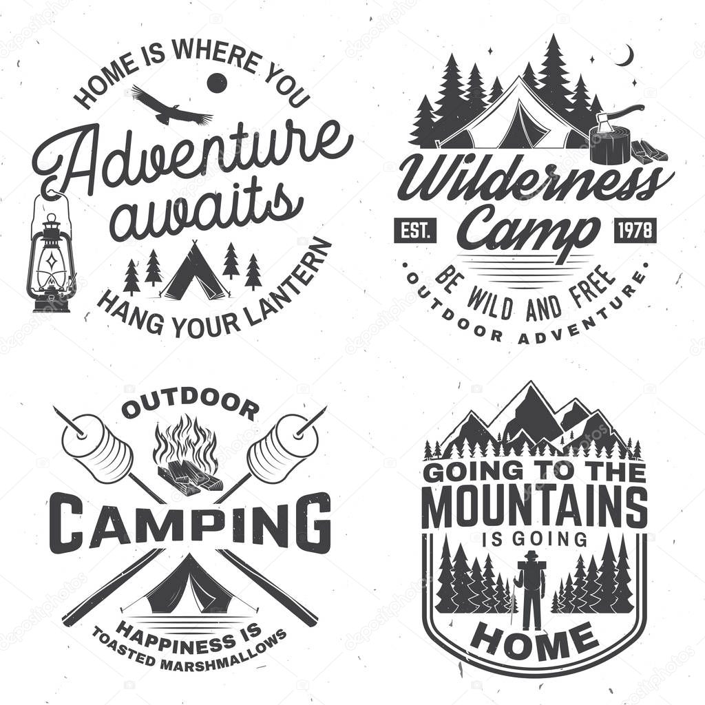 Happy camper. Vector. Concept for shirt or logo, print, stamp or tee. Vintage design with lantern, camping tent, campfire, forest cabin, sweet marshmallows on stick, mountain and forest silhouette.