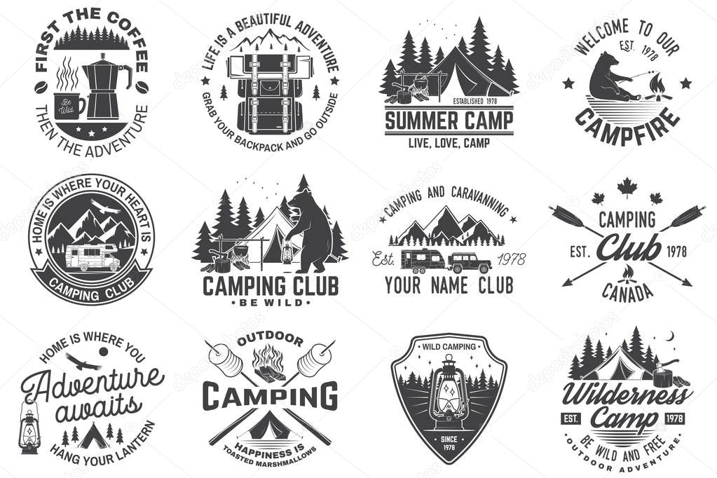 Summer camp. Vector. Concept for shirt or patch, print, stamp or tee. Vintage typography design with rv trailer, camping tent, campfire, bear, coffee maker, pocket knife and forest silhouette.