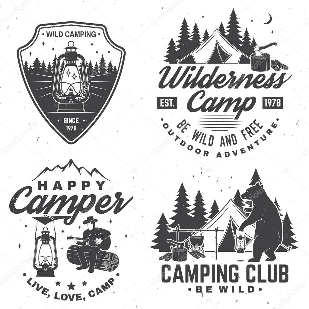 Set of Happy camper outdoor adventure symbol. Vector. Concept for shirt or logo, print, stamp. Vintage design with lantern, camping tent, campfire, bear, man with guitar and forest silhouette.