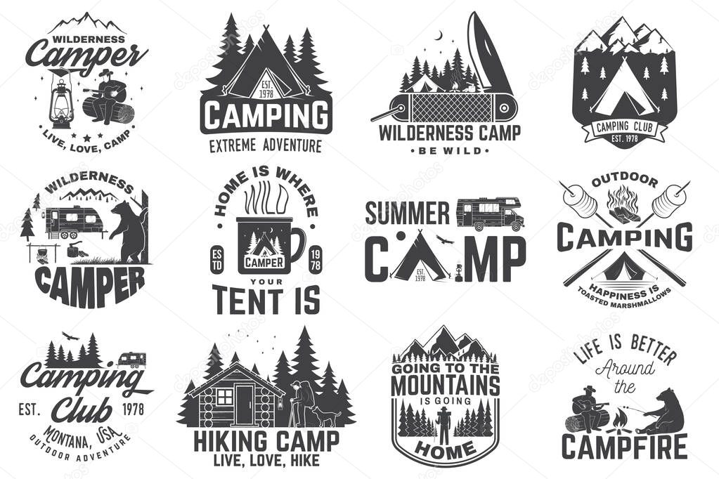 Summer camp. Vector illustration. Concept for shirt or patch, print, stamp or tee. Vintage typography design with rv trailer, camping tent, campfire, bear, man with guitar and forest silhouette.