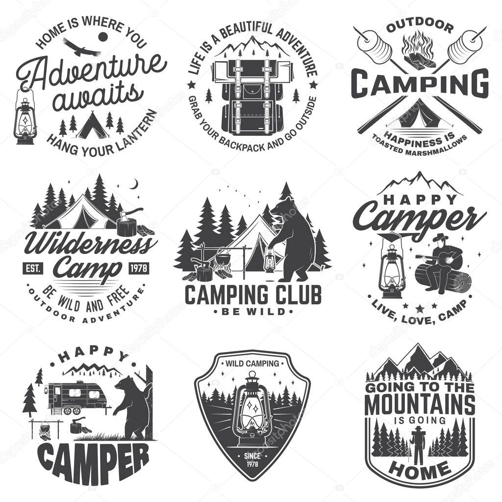 Set of Happy camper outdoor adventure symbol. Vector. Concept for shirt or logo, print, stamp. Vintage design with lantern, camping tent, campfire, bear, man with guitar and forest silhouette.