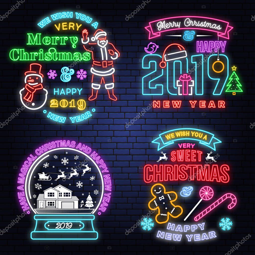 Set of Merry Christmas and Happy New Year neon sign with snowman and Santa Claus, snowflakes, christmas snow globe. Vector. Set of neon design for xmas, new year emblem, bright signboard, light banner