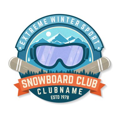 Snowboard Club yama. Vektör. Kavram forması, yazdırma, damga, yama ya da tee. Dağlar ve snowboard Vintage tipografi tasarımı siluet gözlükler. Aşırı kış spor.