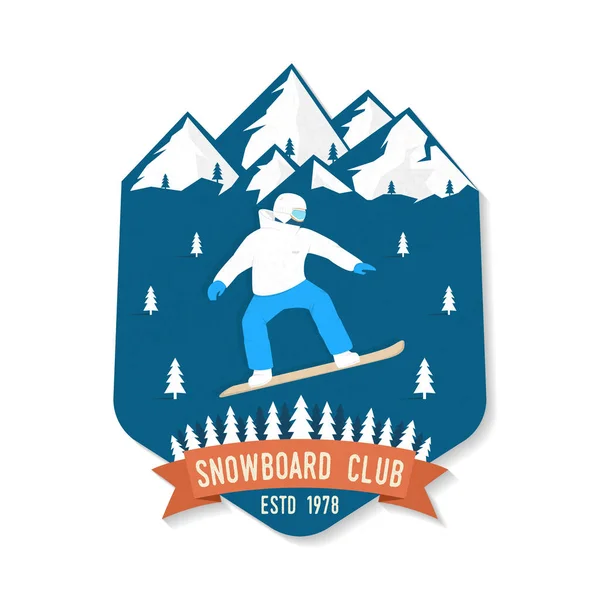 Snowboard Club yama. Vektör. Kavram forması, yazdırma, damga, yama ya da tee. Vintage tipografi tasarım snowboard ve dağ silueti ile. Aşırı spor. — Stok Vektör