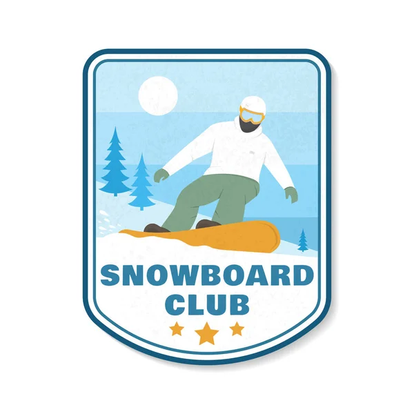 Snowboard Club yama. Vektör. Kavram forması, yazdırma, damga, yama ya da tee. Vintage tipografi tasarım snowboard ve dağ silueti ile. Aşırı spor. — Stok Vektör