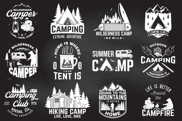 Summer camp. Vector illustration. Concept for shirt or patch, print, stamp. Vintage typography design with rv trailer, camping tent, campfire, bear, man with guitar and forest silhouette. — Stock Vector