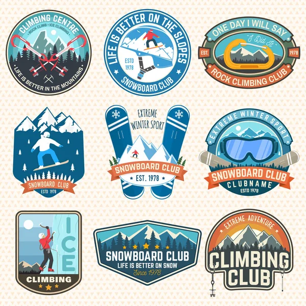 Conjunto de parches de Snowboard y Rock Climbing Club. Vector. Concepto para parche, camisa, estampado, sello. Diseño tipográfico vintage con snowboarder, escalador y silueta de montaña. Deporte extremo . — Vector de stock