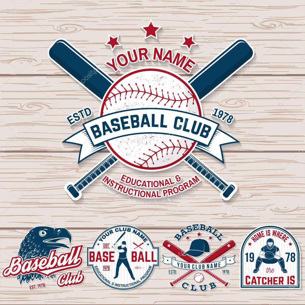 Set of baseball or softball club badge. Vector. Concept for shirt or logo, print, patch, stamp. Vintage typography design with baseball bats, batter hitting ball and ball for baseball silhouette.