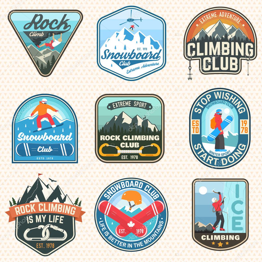 Set of Snowboarding and Rock Climbing club patches. Vector. Concept for patch, shirt, print, stamp or tee. Vintage typography design with snowboarder, climber and mountain silhouette. Extreme sport.