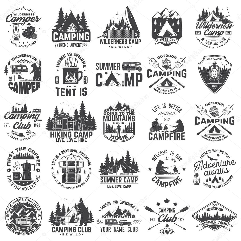 Summer camp. Vector. Concept for shirt or patch, print, stamp. Vintage typography design with rv trailer, camping tent, campfire, bear, coffee maker, pocket knife and forest silhouette.
