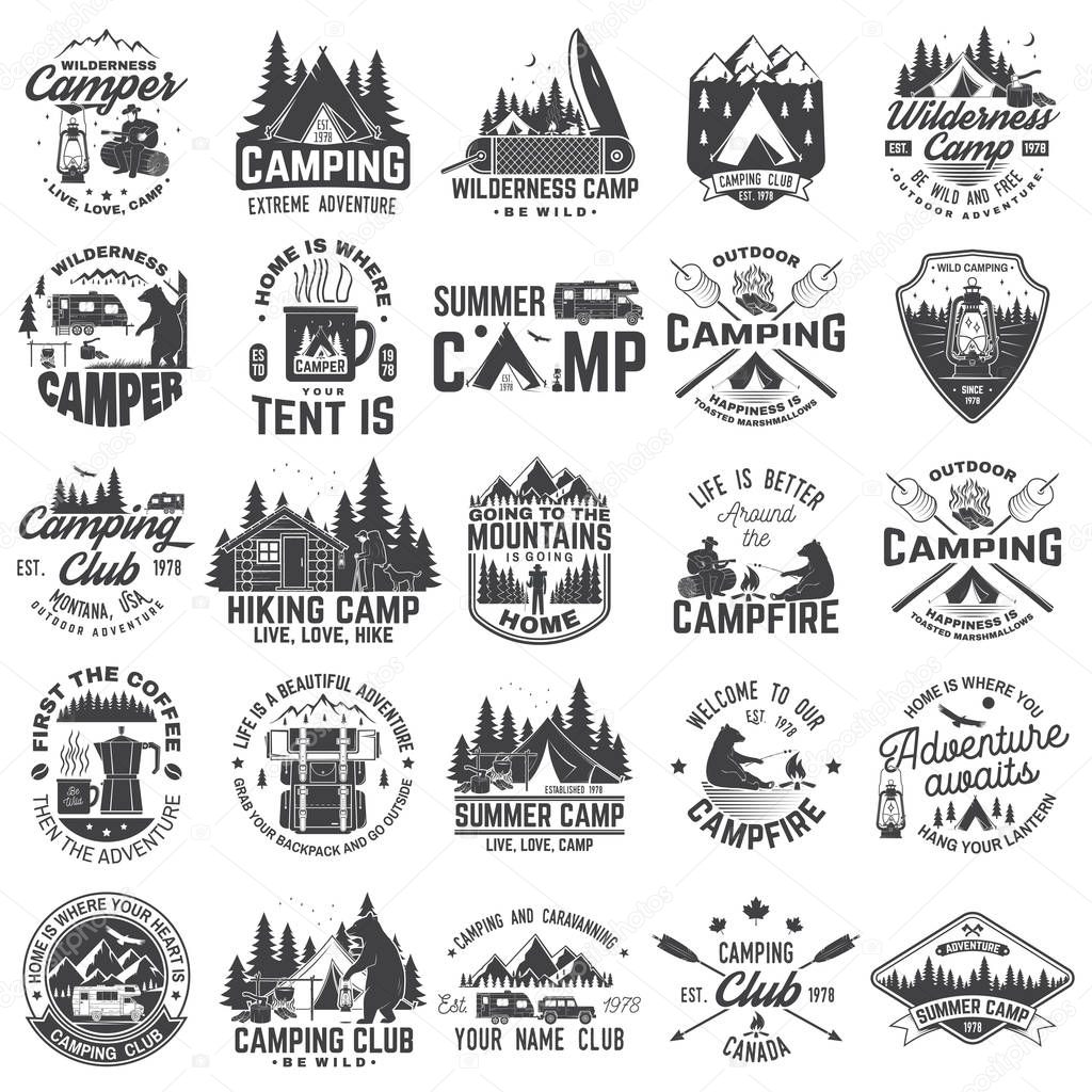 Summer camp. Vector. Concept for shirt or patch, print, stamp or tee. Vintage typography design with rv trailer, camping tent, campfire, bear, coffee maker, pocket knife and forest silhouette.