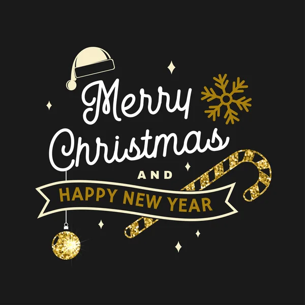Nous vous souhaitons un très joyeux Noël et bonne année timbre, autocollant serti de flocons de neige, arbre de Noël, cadeau. — Image vectorielle
