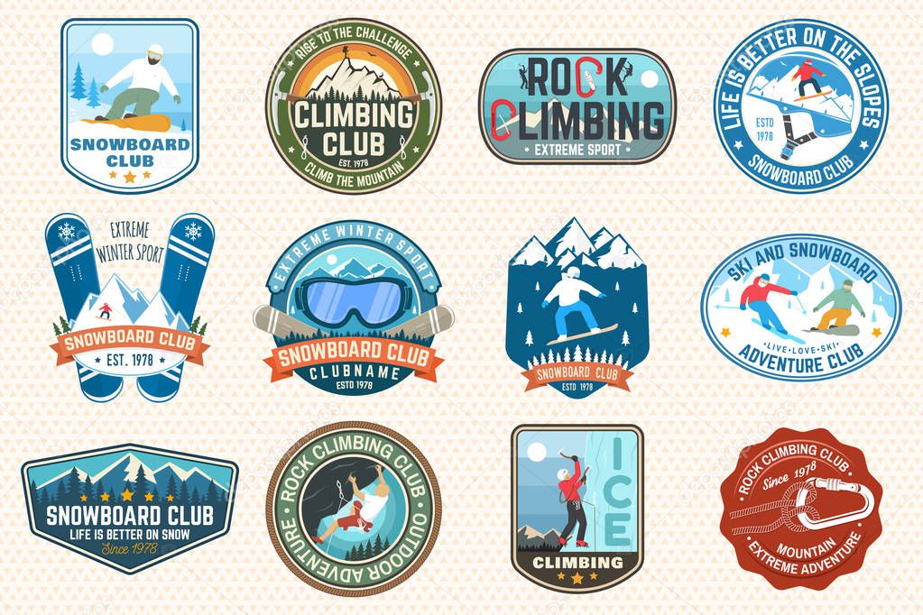 Set of Snowboarding and Rock Climbing club patches. Vector. Concept for patch, shirt, print, stamp or tee. Vintage typography design with snowboarder, climber and mountain silhouette. Extreme sport.