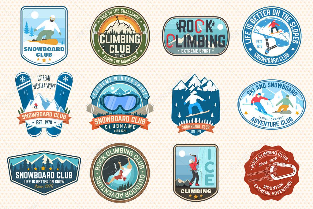 Set of Snowboarding and Rock Climbing club patches. Vector. Concept for patch, shirt, print, stamp. Vintage typography design with snowboarder, climber and mountain silhouette. Extreme sport.