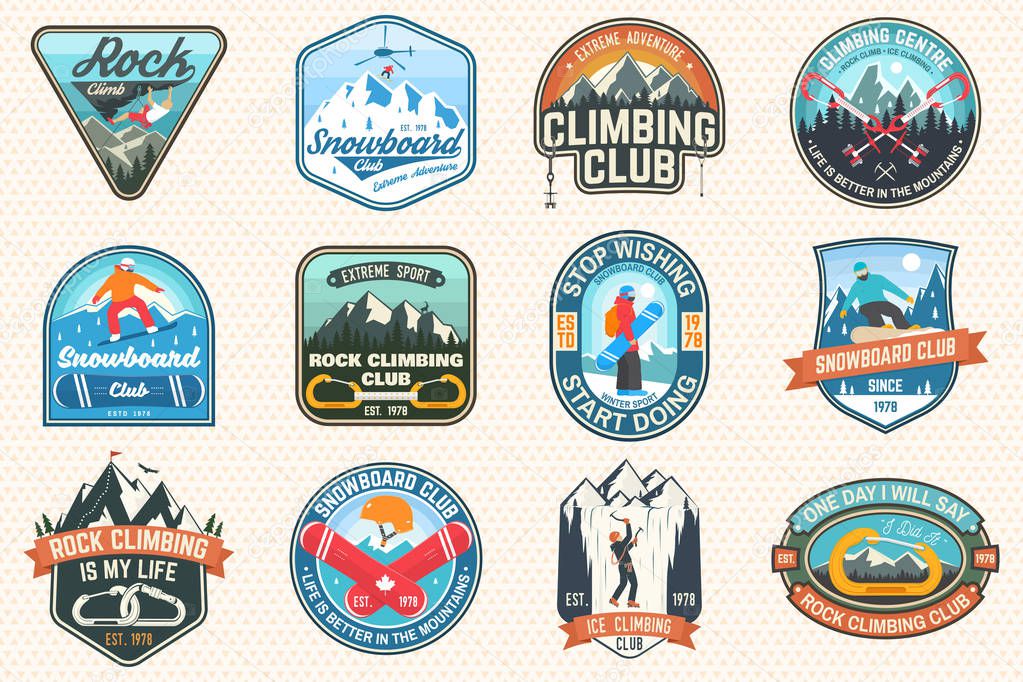 Set of Snowboarding and Rock Climbing club patches. Vector. Concept for patch, shirt, print, stamp or tee. Vintage typography design with snowboarder, climber and mountain silhouette. Extreme sport.