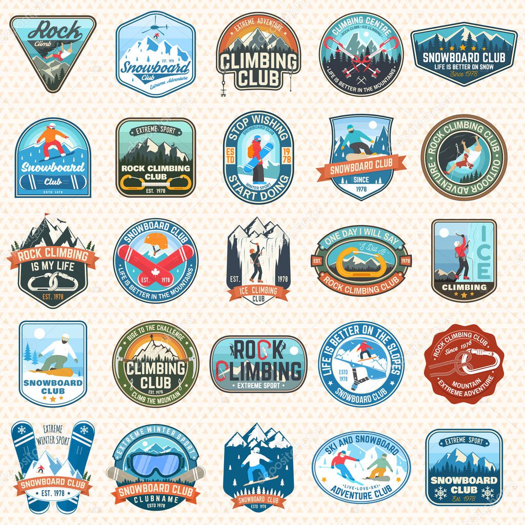 Set of Snowboarding and Rock Climbing club patches. Vector. Concept for patch, shirt, print, stamp or tee. Vintage typography design with snowboarder, climber and mountain silhouette. Extreme sport.