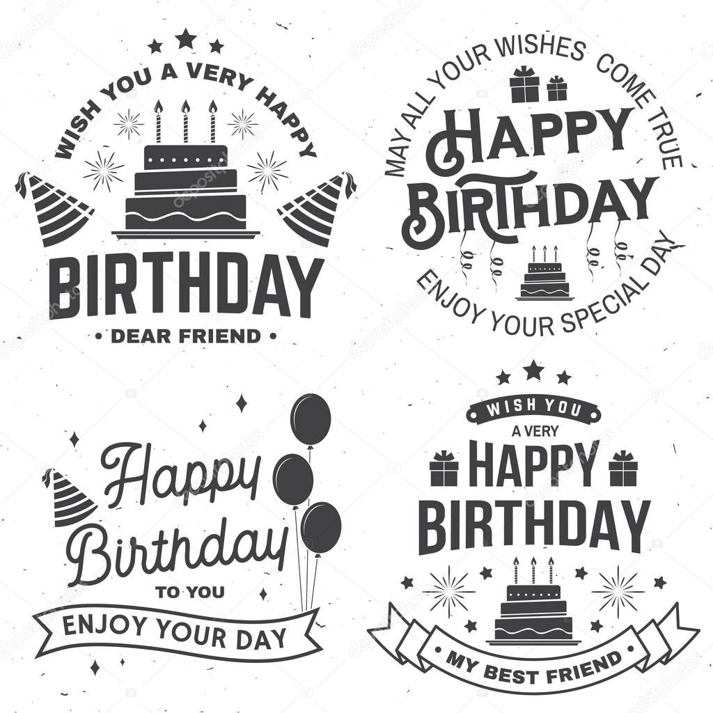 Set of Happy Birthday templates for badge, sticker, card with bunch of balloons, gifts, serpentine, hat and birthday cake with candles. Vector. Vintage design for birthday celebration