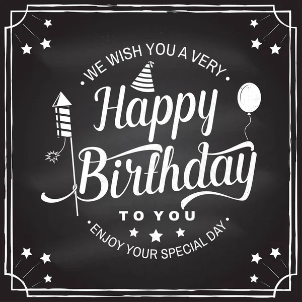 Wir wünschen Ihnen alles Gute zum Geburtstag. Stempel, Abzeichen, Karte mit Luftballon, Feuerwerksraketen und Geburtstagshut. Vektor. Vintage-Design für Emblem zur Geburtstagsfeier im Retro-Stil — Stockvektor