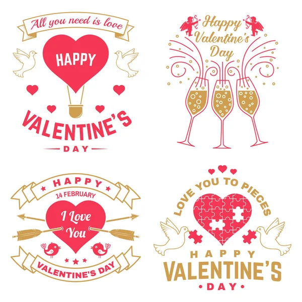 Conjunto de Feliz San Valentín signo. Sello, tarjeta con llave, pájaro, amur, flecha, corazón. Vector. Diseño de tipografía vintage para invitaciones, emblema de celebración romántica del Día de San Valentín en estilo retro . — Archivo Imágenes Vectoriales