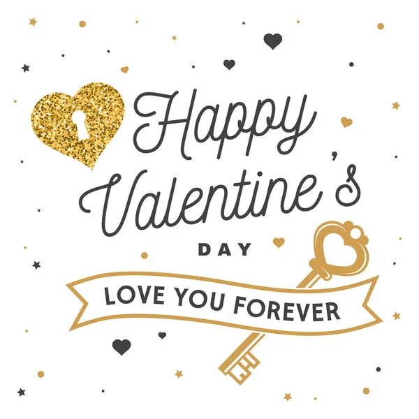 Feliz día de San Valentín. Sello, placa, tarjeta con llave y corazón con cerradura. Vector. Diseño de tipografía vintage para invitaciones, emblema de celebración romántica del Día de San Valentín en estilo retro . — Vector de stock