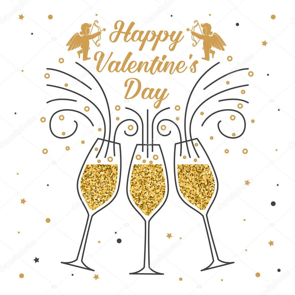 Happy Valentines Day. Stamp, badge, sticker, card with Champagne glass and amur baby angel Vector. Vintage typographic design for invitations, Valentines Day romantic celebration emblem in retro style