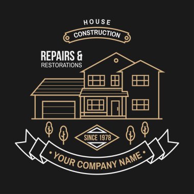 Ev inşaat Şirket kimlik banliyö Amerikan ev. Vektör çizim. İnce çizgi rozet, gayrimenkul, bina ve inşaat işareti ilgili iş Şirket..