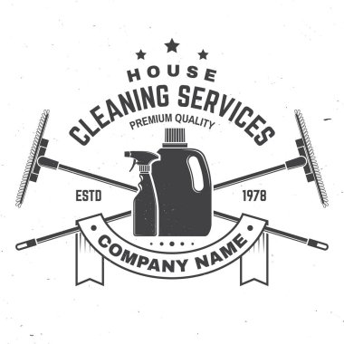 Temizlik şirket rozet, amblem. Vektör çizim. Gömlek, damga veya tee için kavram. Temizleme aletleri vintage tipografi tasarımı. Temizlik hizmeti işareti şirket için iş ilgili