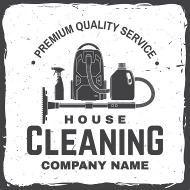 Temizlik şirket rozet, amblem. Vektör çizim. Gömlek, damga veya tee için kavram. Temizleme aletleri vintage tipografi tasarımı. Temizlik hizmeti işareti şirket için iş ilgili