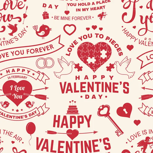 Happy Valenyines day background or wallpaper. Vector. Design for banner, print with heart and key, bird, amur, arrow. Vector. Valentines day seamless pattern for february 14 celebration — Stock Vector